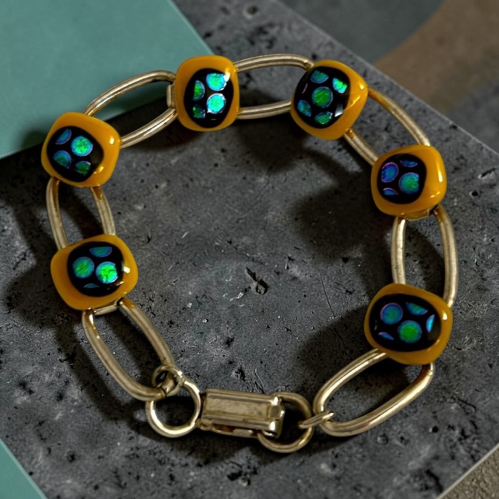 Vintage 1960’s Rare Glass Iridescent Overlay Link Bracelet